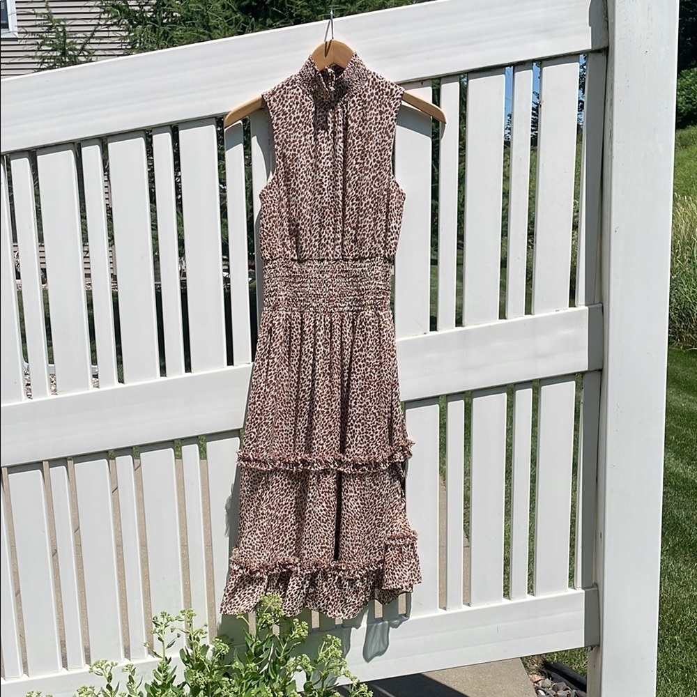 1. State  Leopard Smocked Neck Sleeveless Midi Dress XS